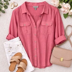 Roz & Ali Pink Utility Button Up Blouse XL Roll Tab Sleeve Casual Top